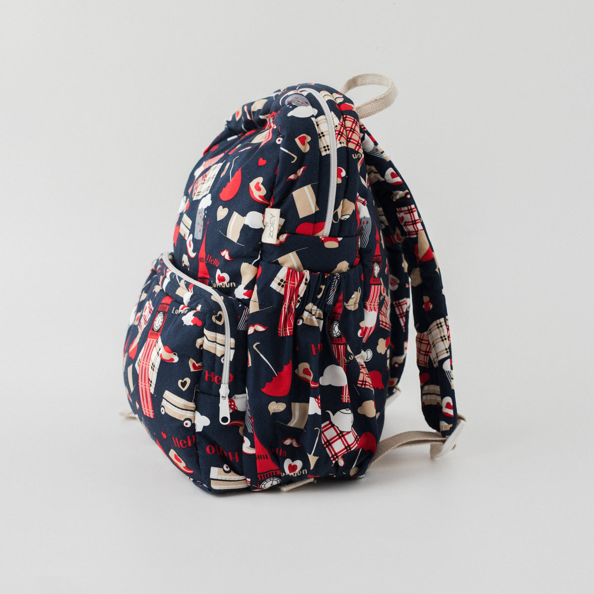 Zoey Trip To London hand-embroidered London landmarks cotton kids backpack, view 6