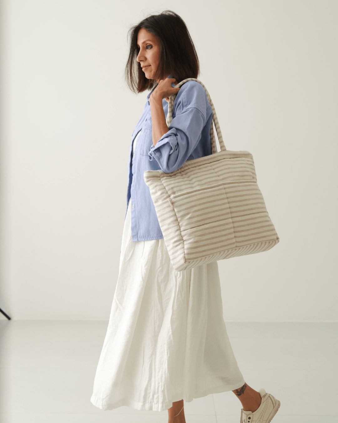 Zoey Almond Stripe cotton tote nappy bag, view 3
