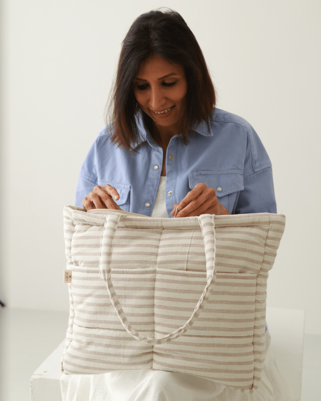 Zoey Almond Stripe cotton tote nappy bag, view 5
