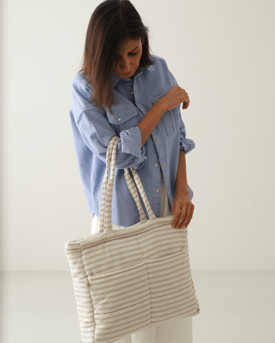Zoey Almond Stripe cotton tote nappy bag, view 4