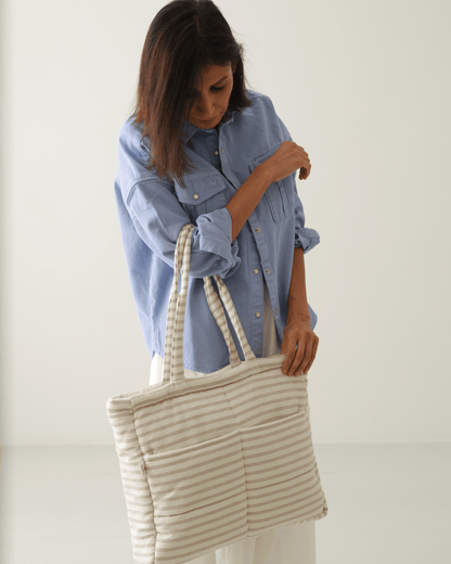 Zoey Almond Stripe cotton tote nappy bag, view 4