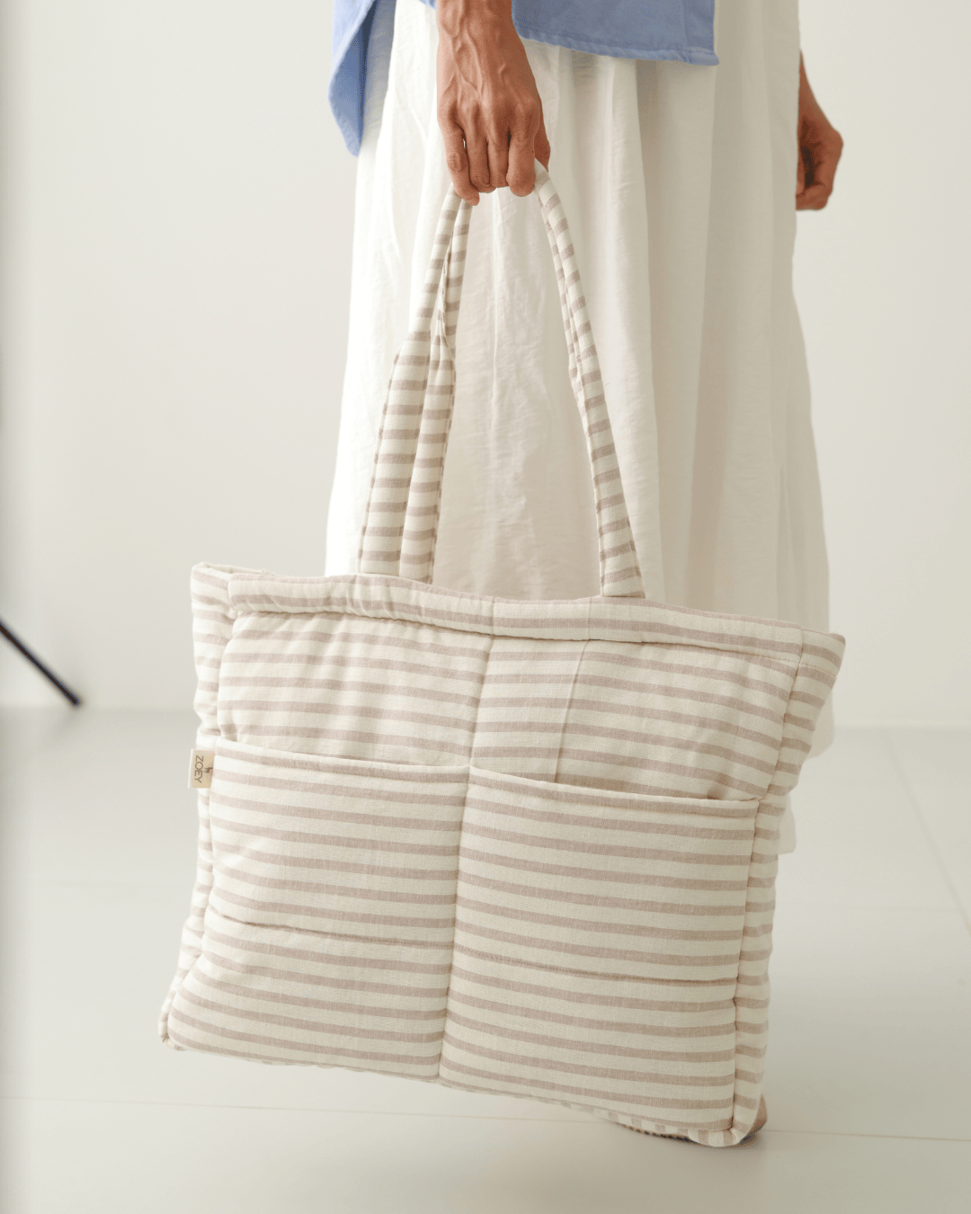 Zoey Almond Stripe cotton tote nappy bag, view 2