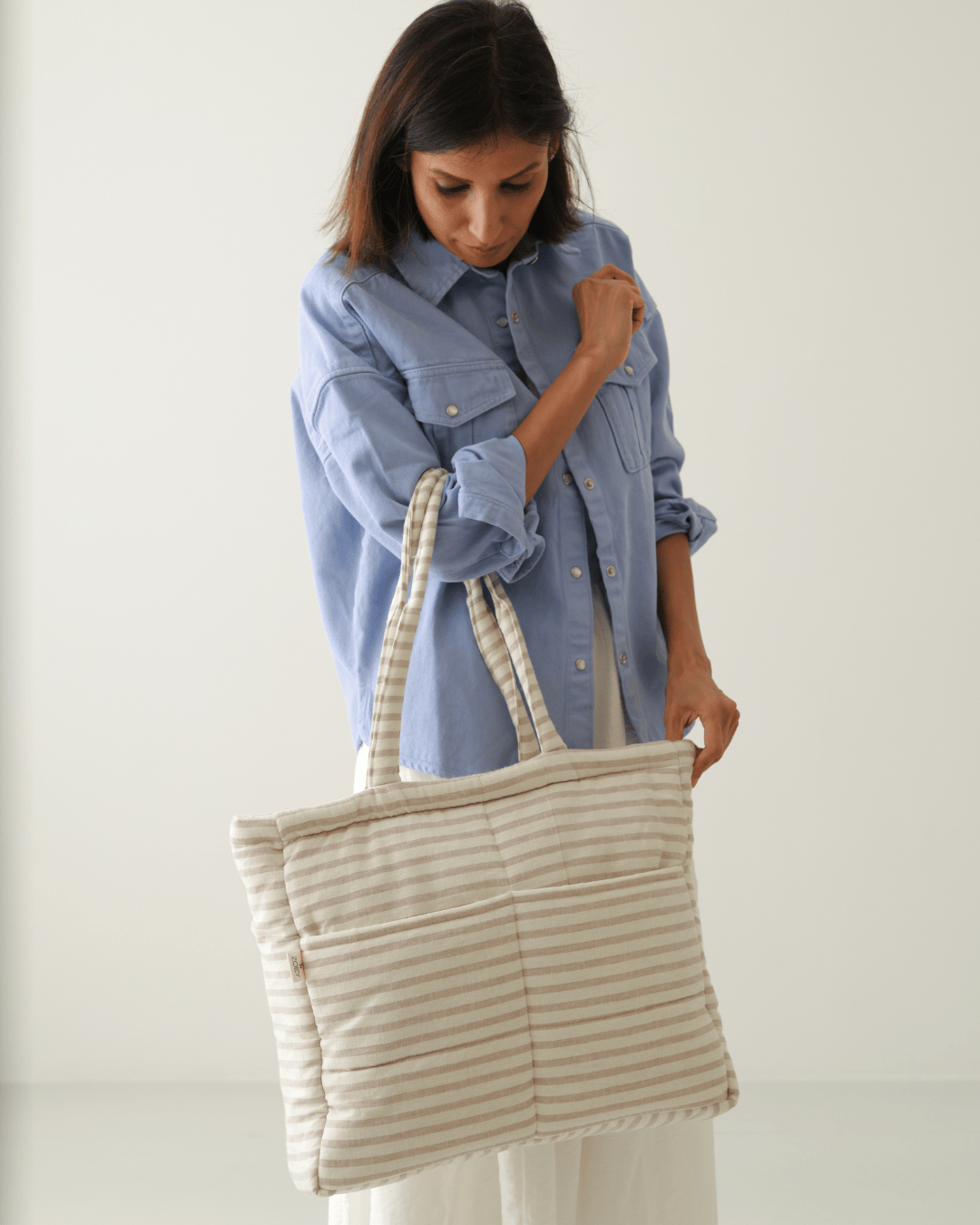 Zoey Almond Stripe cotton tote nappy bag