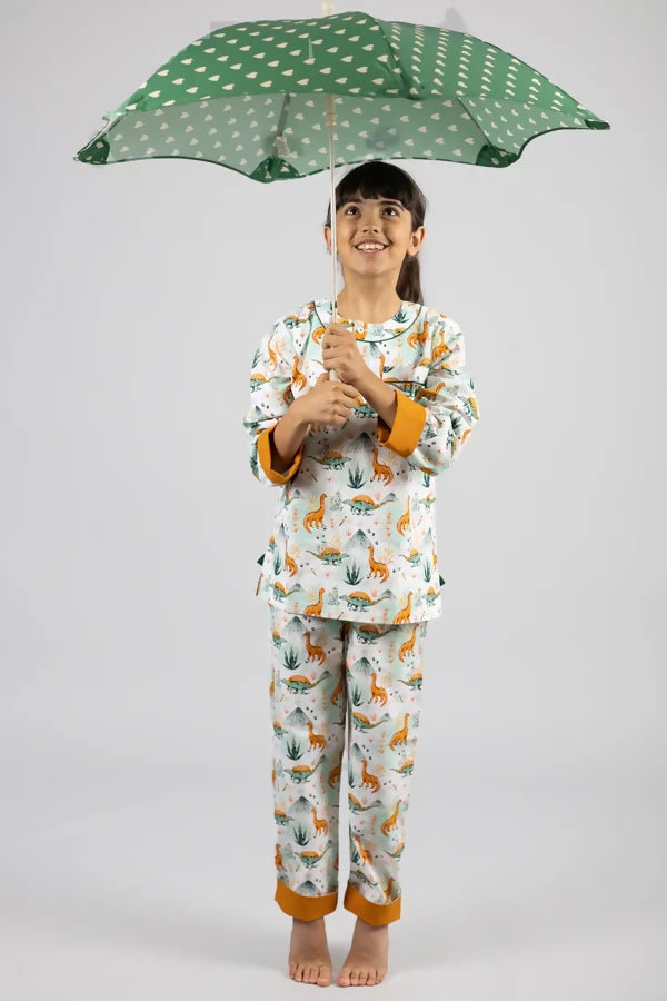 organic cotton kids pyjamas, natural kids pyjamas, organic kids pyjamas, dino print kids pyjamas, kids unisex sleepwear. Kutti Lulu