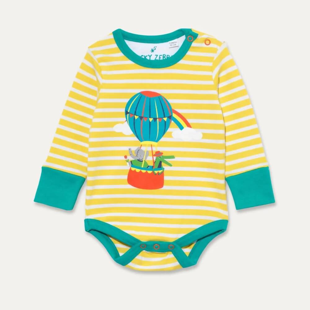 Organic Cotton Yellow Stripe Bodysuit with Hot Air Balloon Print