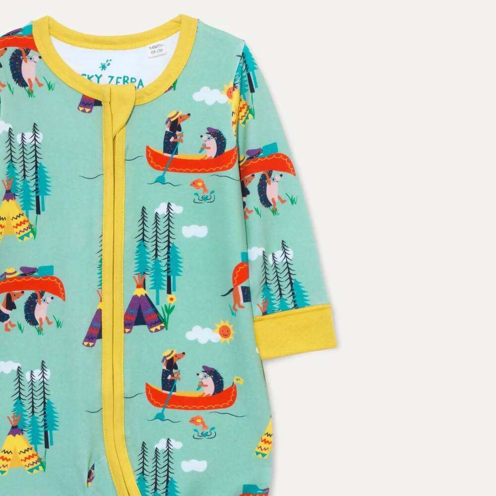 Organic Cotton Zip-Up Romper with Canoeing Dog and Hedgehog