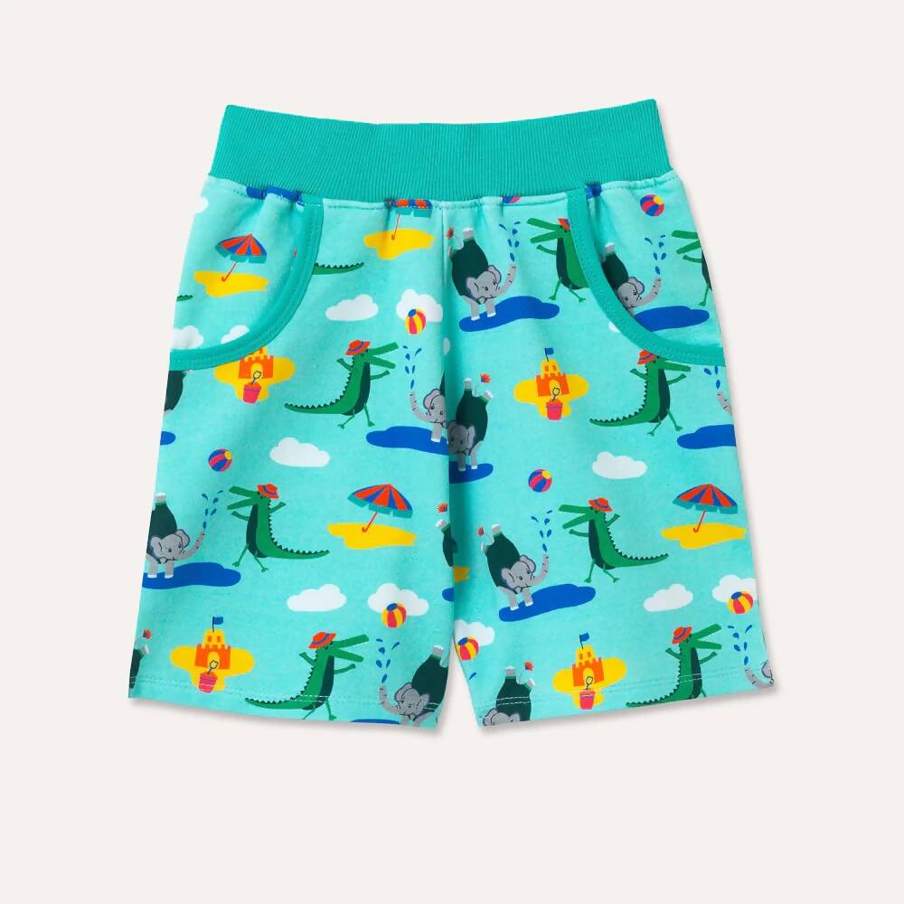 Organic Cotton Shorts with Crocodile and Elephant Seaside Print