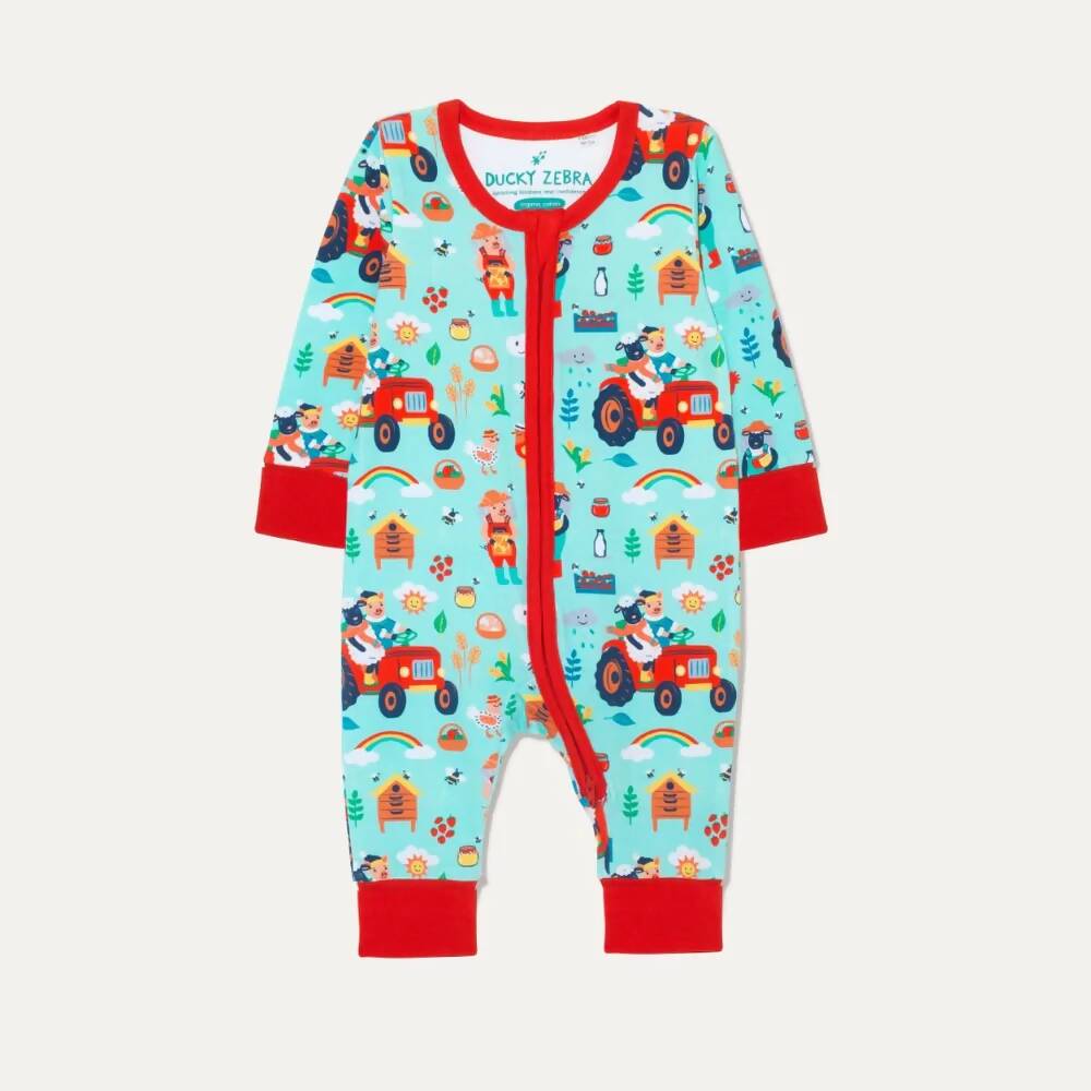 Organic Cotton Zip-Up Sleepsuit with Farmyard Fun Print