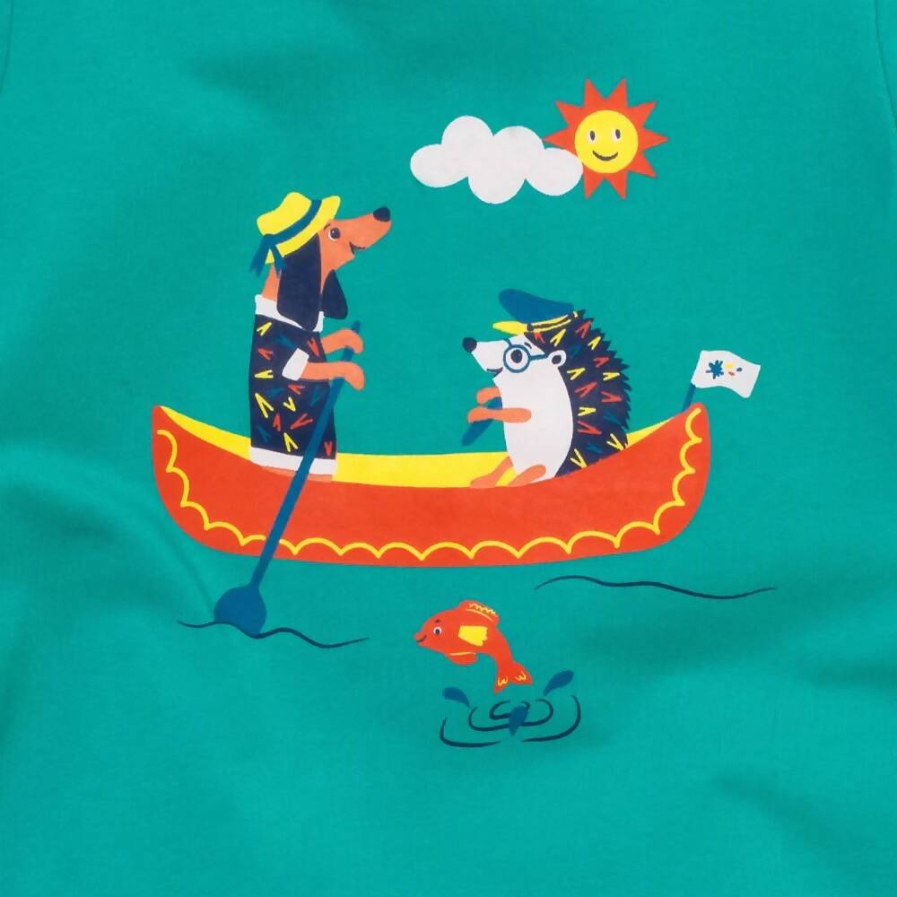 Organic Cotton Turquoise T-Shirt with Canoeing Dog and Hedgehog