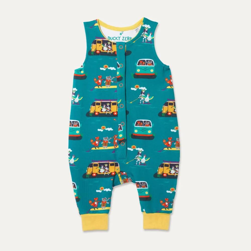 Organic Cotton Dungarees with Campervan and Paddleboard Print