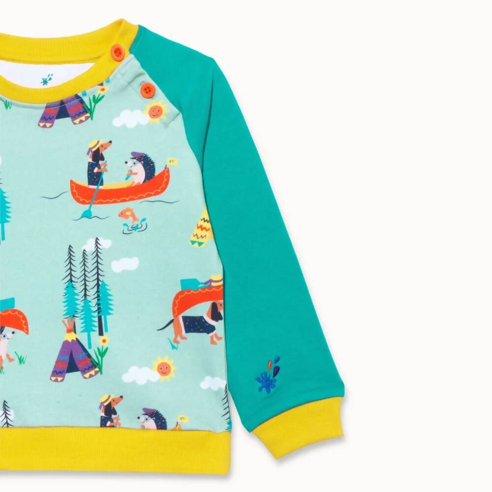 Organic Cotton Sweatshirt with Canoeing Dog and Hedgehog Print