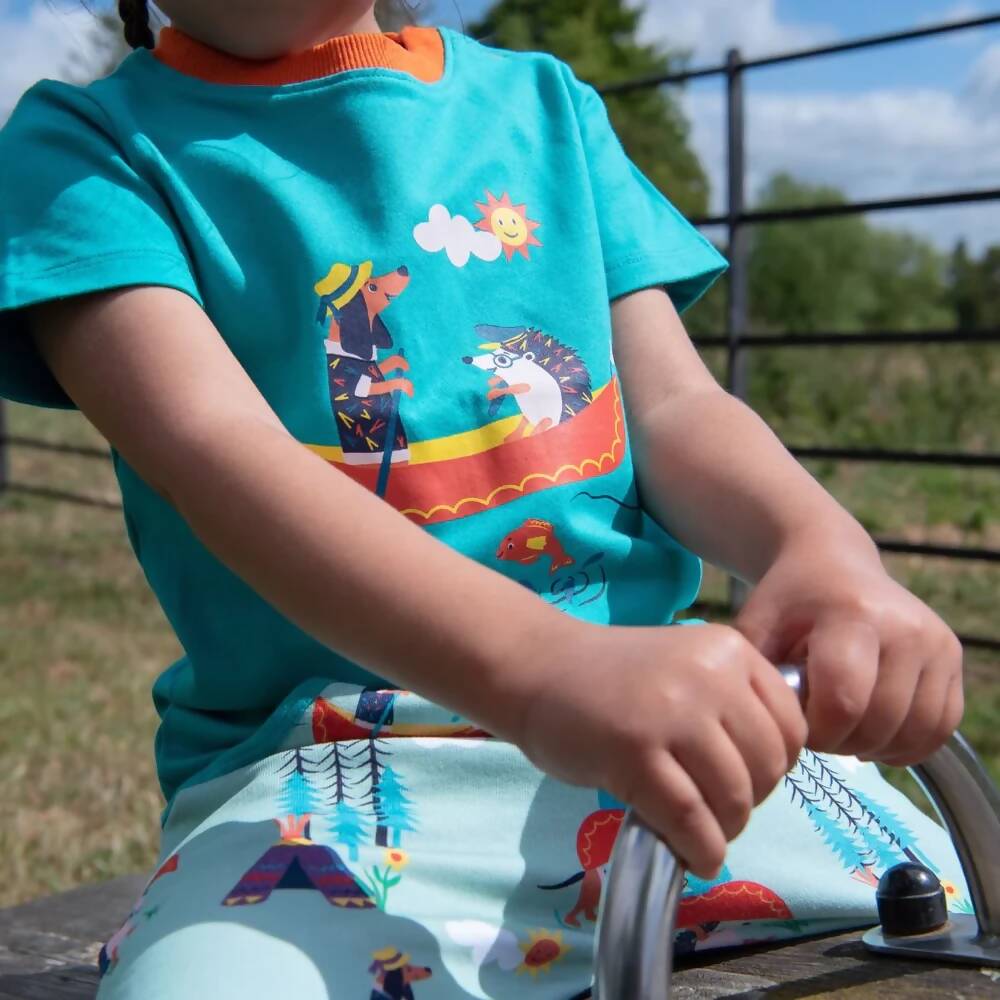 Organic Cotton Turquoise T-Shirt with Canoeing Dog and Hedgehog