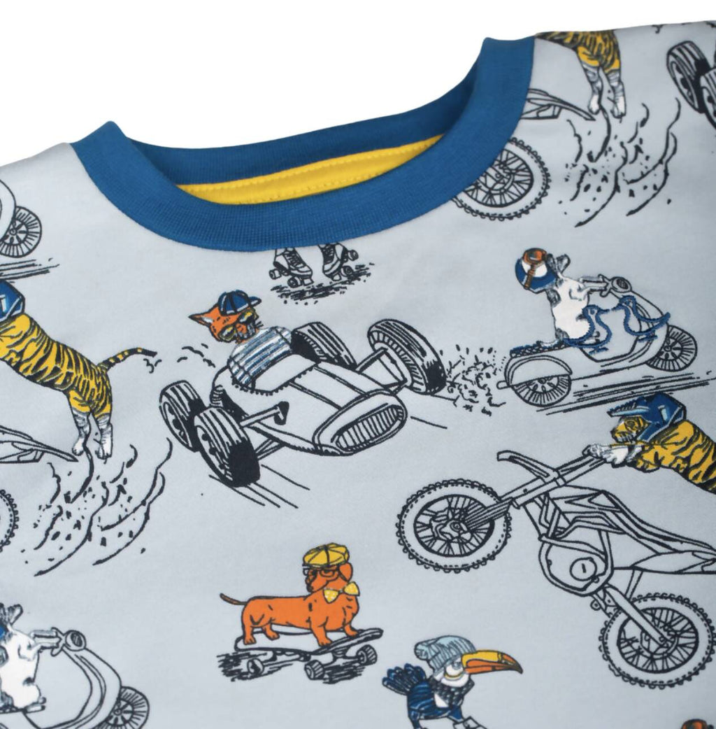 Luca and Rosa organic cotton kids pyjamas with a driver print 
