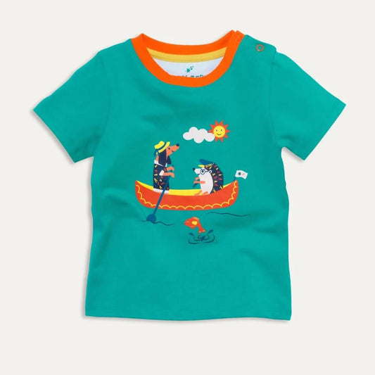 Organic Cotton Turquoise T-Shirt with Canoeing Dog and Hedgehog