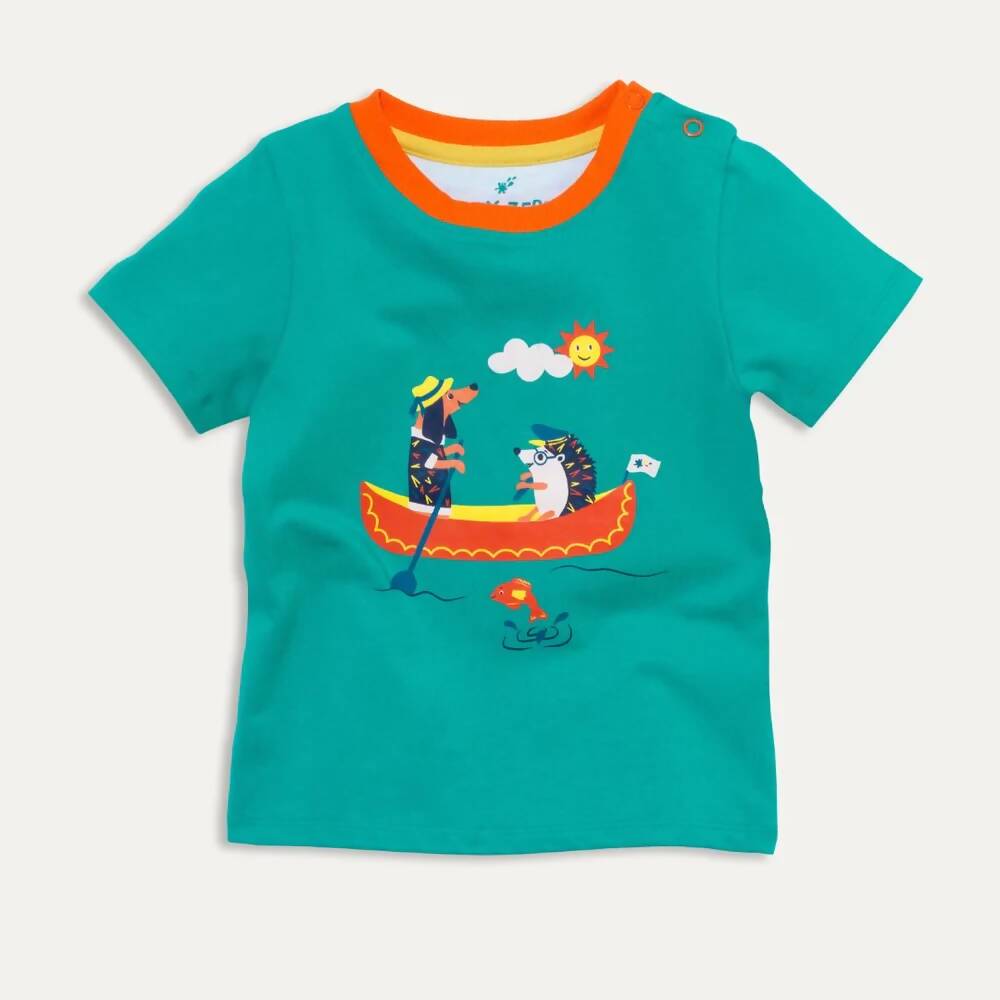 Organic Cotton Turquoise T-Shirt with Canoeing Dog and Hedgehog
