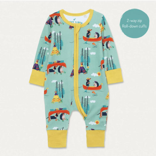 Organic Cotton Zip-Up Romper with Canoeing Dog and Hedgehog