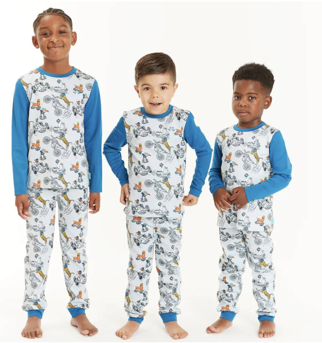 Luca and Rosa organic cotton kids pyjamas with a driver print 