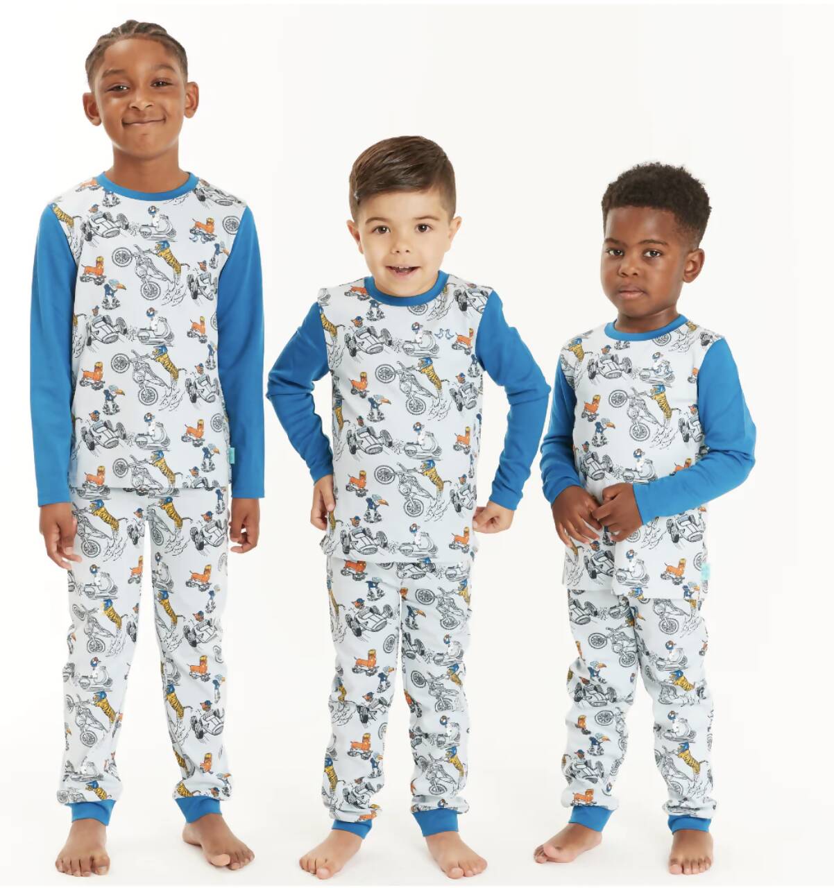 Luca and Rosa organic cotton kids pyjamas with a driver print 