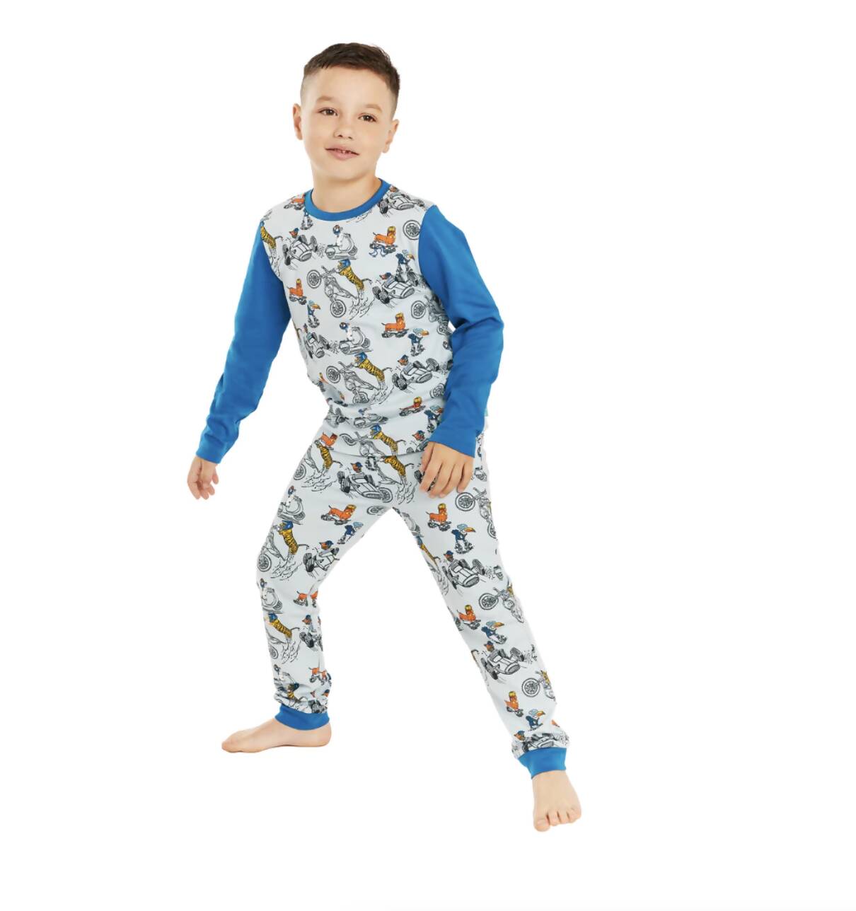Luca and Rosa organic cotton kids pyjamas with a driver print 