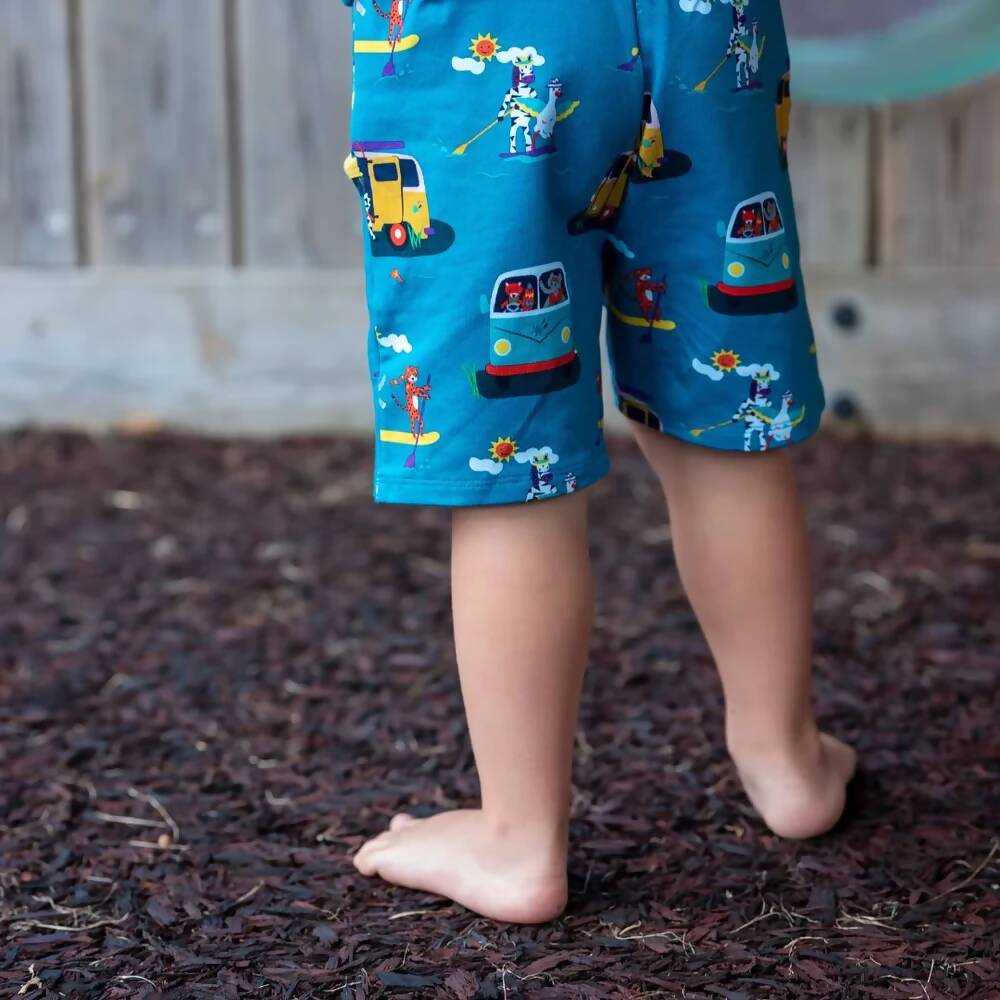 Organic Cotton Kids Shorts with Campervans and Paddleboards