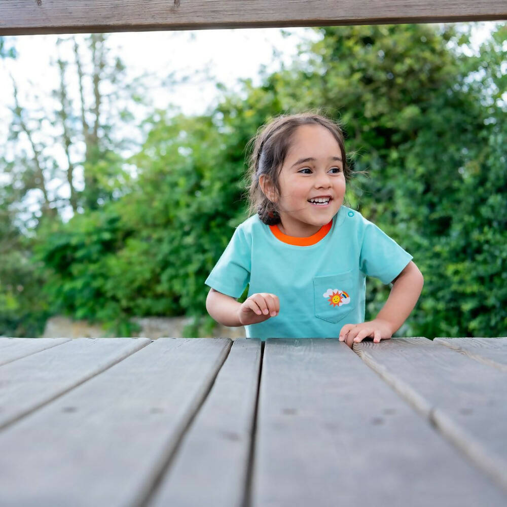 Organic Cotton Green T-Shirt with Pocket and Rainbow Print